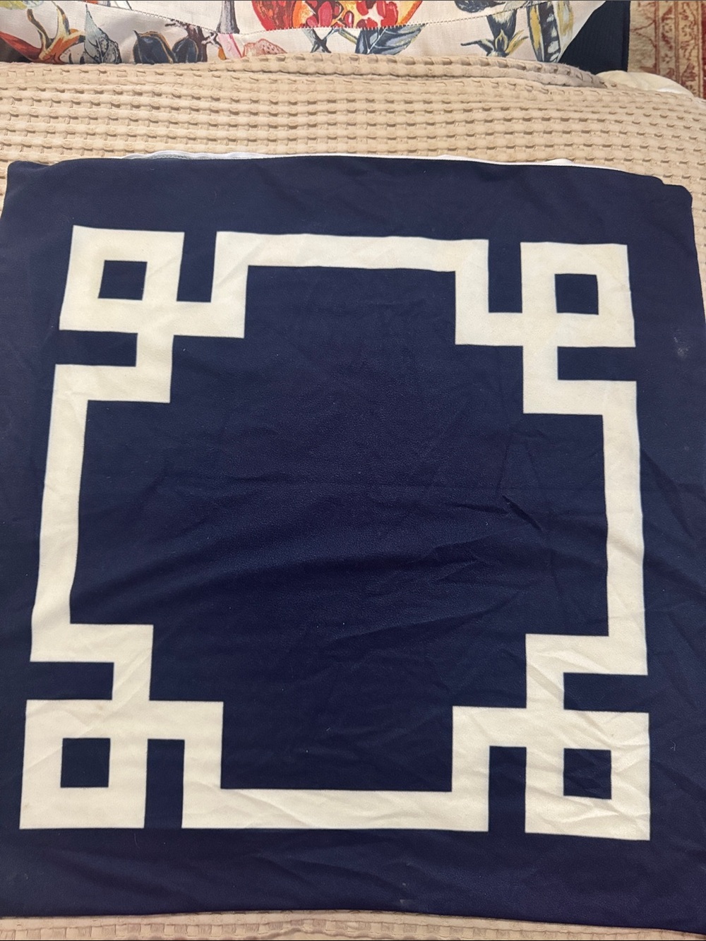Navy Blue Throw with White Geometric Border Pillow Cover